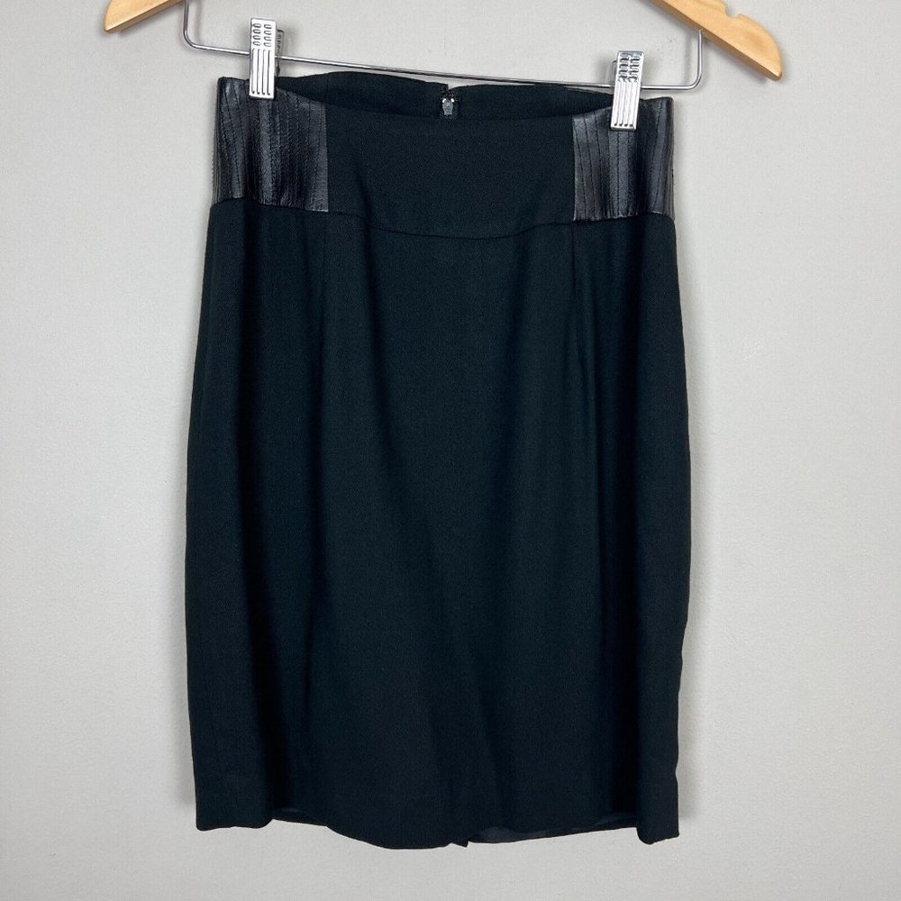 Shiatzy Chen Pencil Skirt S Italian 40 Black‎ Wool Blend Faux Leather Designer